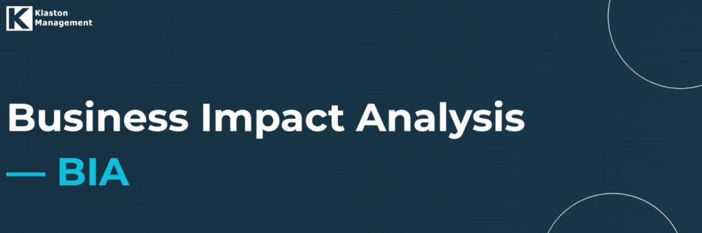 Banner corporativo com o logo da Klaston Management e o título principal Business Impact Analysis — BIA em texto branco e azul claro sobre fundo azul escuro.